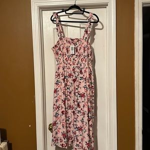 Pink Floral Smock Midi Dress (with Pockets)